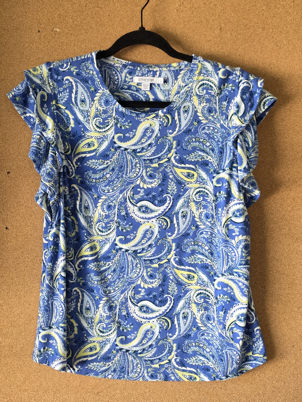 Chico’s Short Sleeve Blue Paisley Blouse Ruffled Sleeve Women’s 1 M